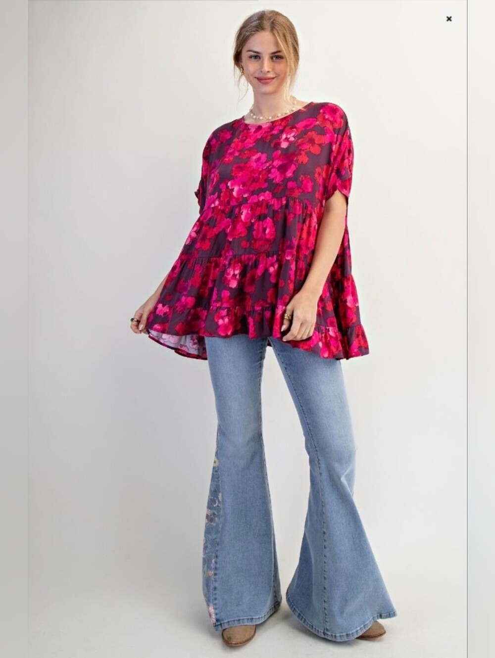 Easel Ruby Plum Floral Tiered Rayon Tunic Top | Small | Boho Babydoll | NWT